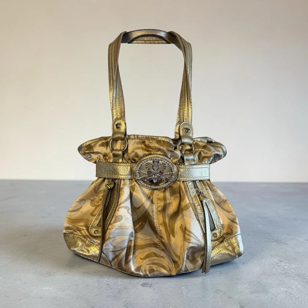 Y2K VTG Kathy Van Zeeland Metallic Gold Ruched Hobo Shoulder Bag Bratz Glam